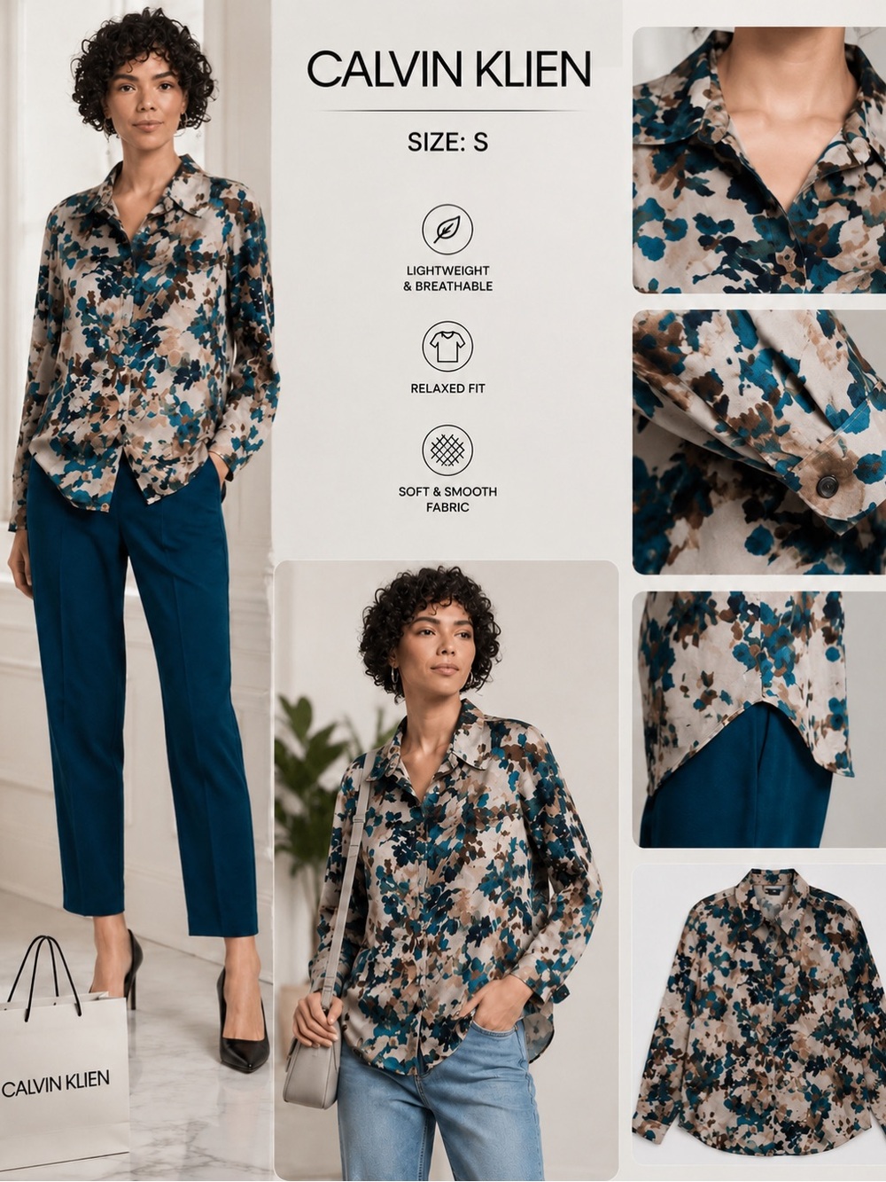Calvin Klein Teal, Cream & Black Floral Relaxed Button-Down Shirt